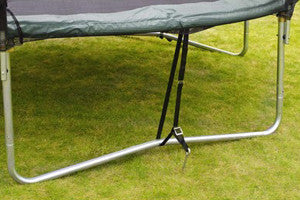 Tie down kits help prevent trampolines being blow away.